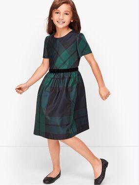 NWT TALBOTS GIRLS BLACK WATCH FIT & FLARE DRESS SZ 12 IN BLACK GREEN